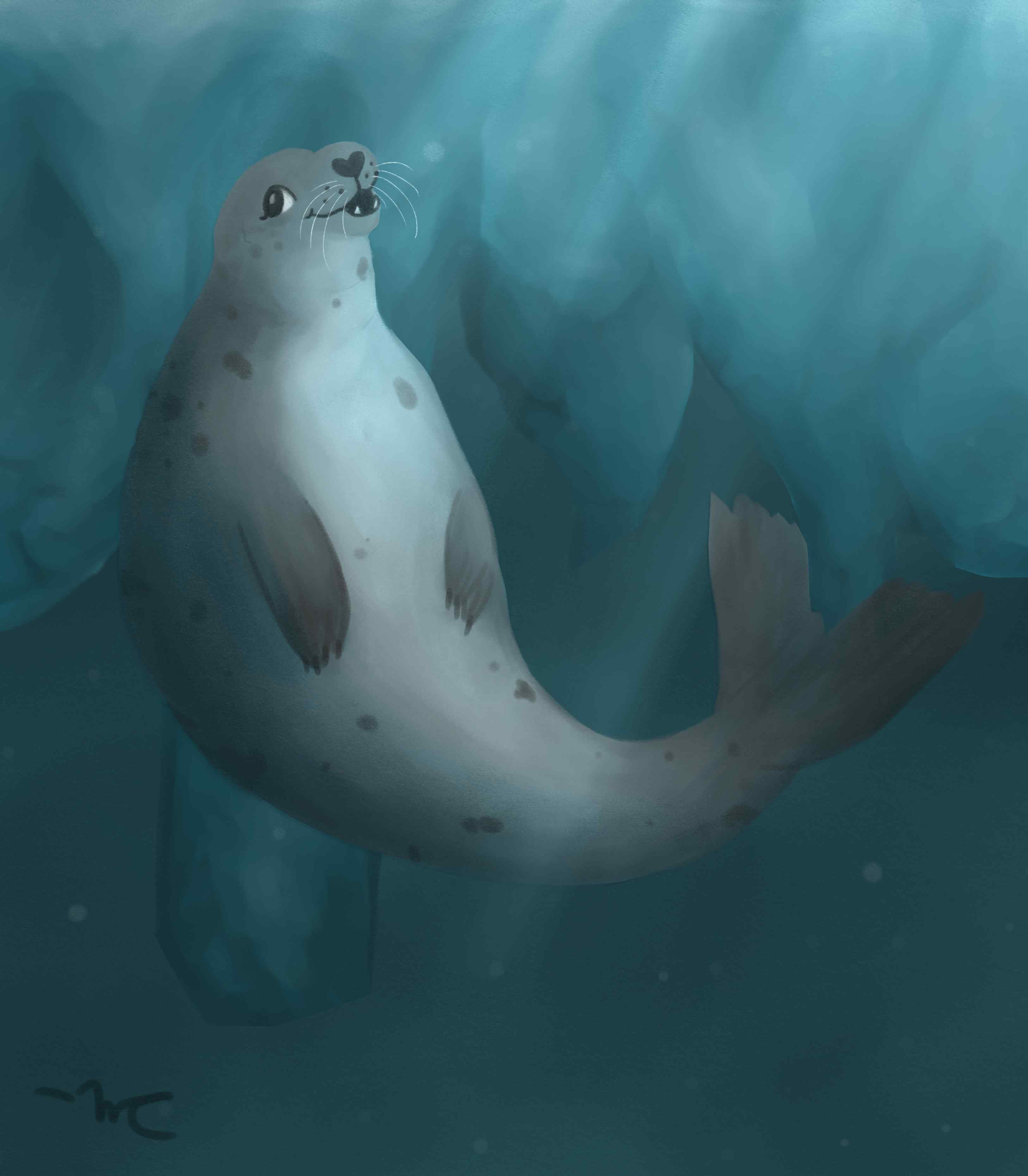A painted doodle of a harp seal. It is swimming underwater, and the underside of an ice floe is behind it. It has a happy expression. 